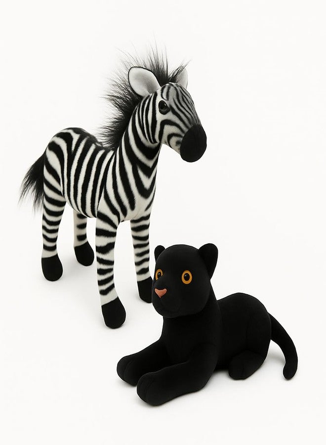 DTR Creation Zebra (30cm) & Black Panther (25cm) Soft Toy Combo - 2 Wild Animal Plush Toys for Kids | Soft & Huggable | Realistic with Fluffy Mane & Embroidered Details | Boys & Girls - Image 1